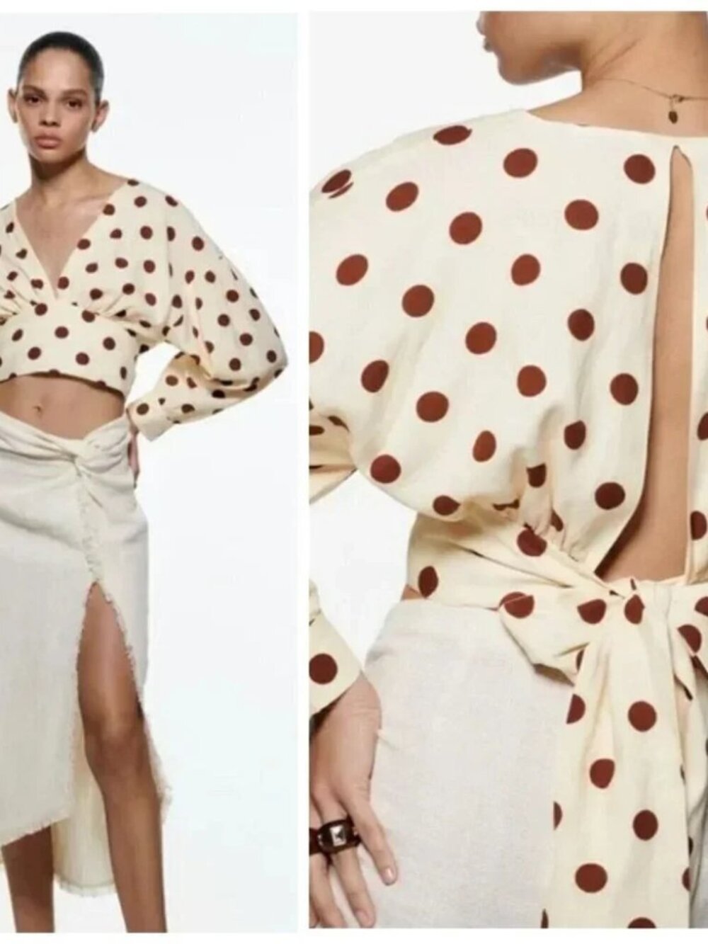 Zara Polka Dot Crop Top Linen Blend Deep V-Neck Whimsical Coquette Neutral XS